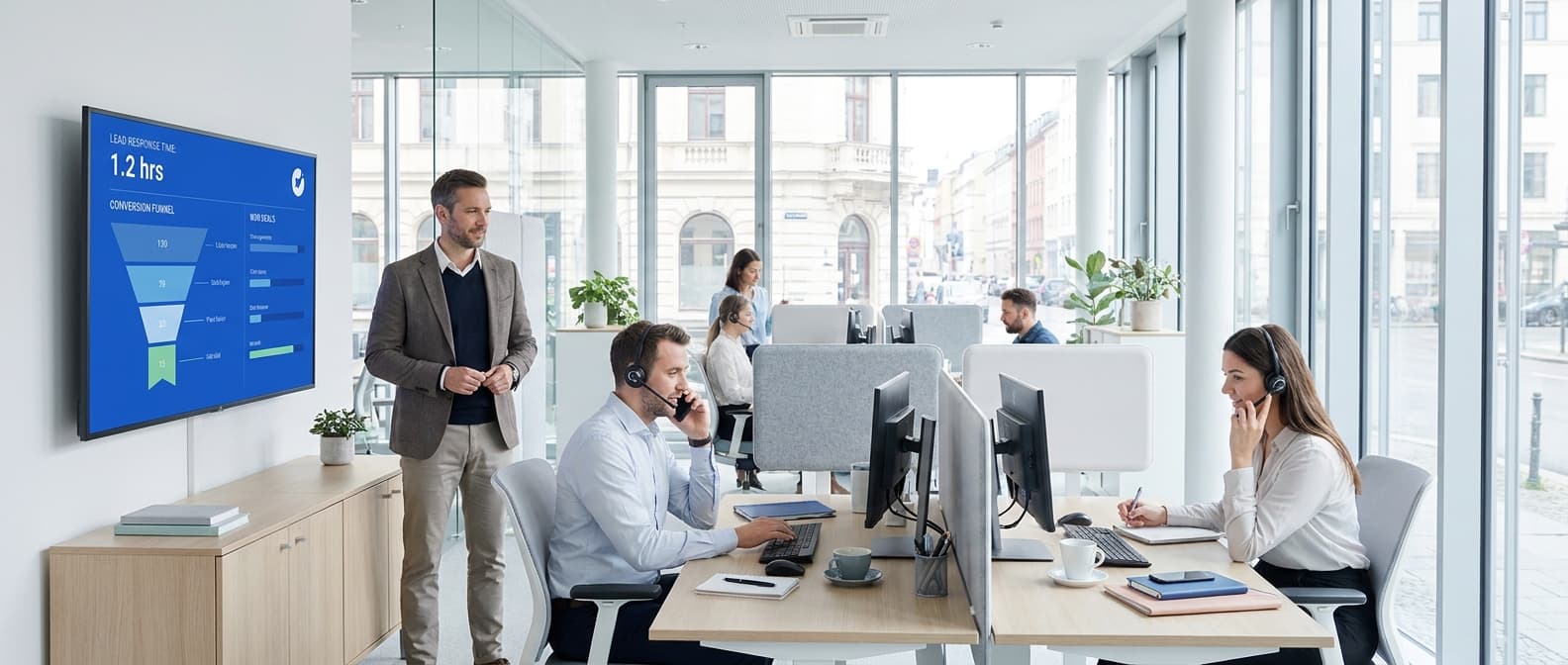 Zespół handlowy B2B przy pracy - na ekranie dashboard z lejkiem sprzedaży i czasem reakcji na leady