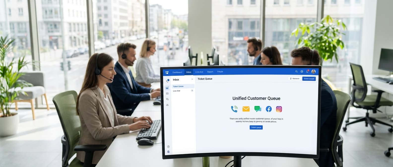 Zespół obsługi klienta pracujący na platformie omnichannel - wszystkie kanały kontaktu w jednym widoku na monitorze