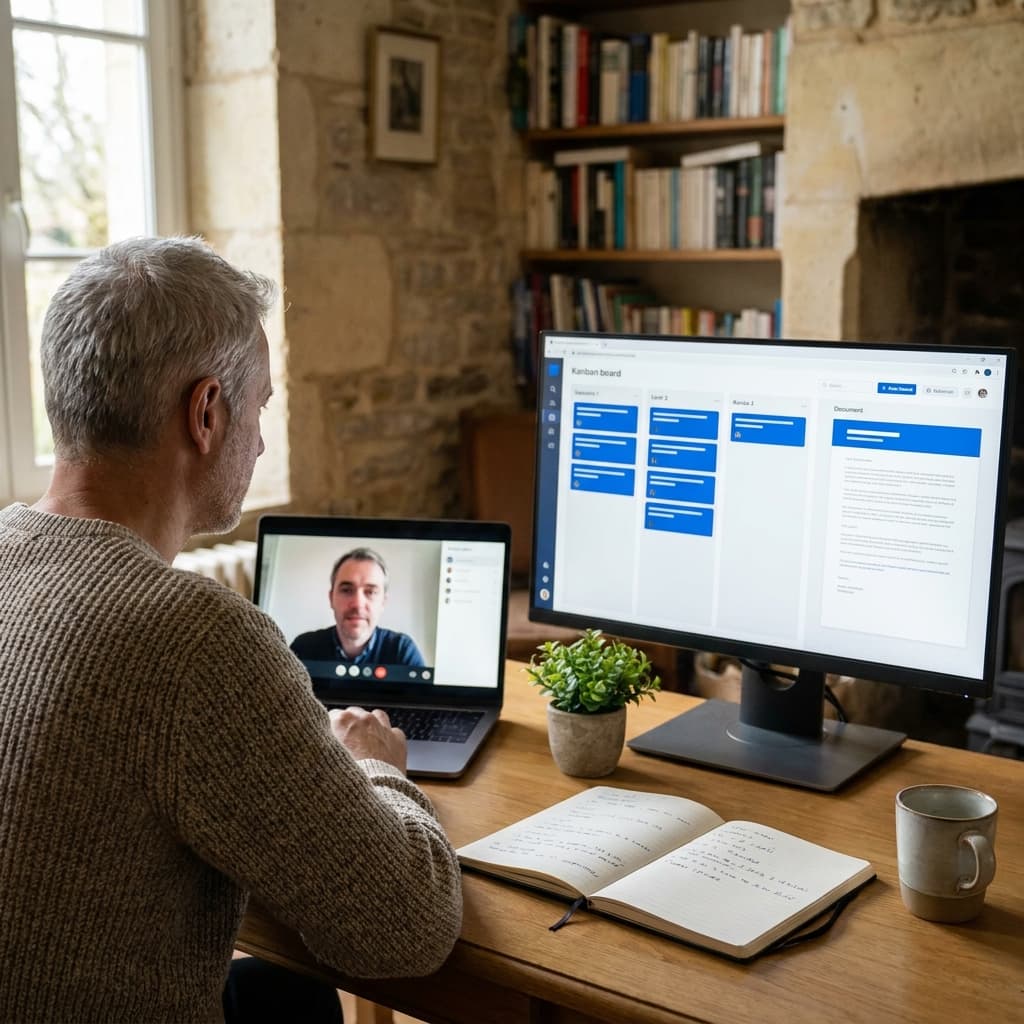 Senior developer podczas wideorozmowy z klientem, obok dokumentacja projektu i tablica kanban