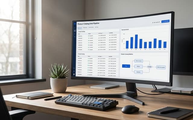 Monitor z dashboardem DataFlow - pipeline danych katalogu produktowego ze statusami synchronizacji