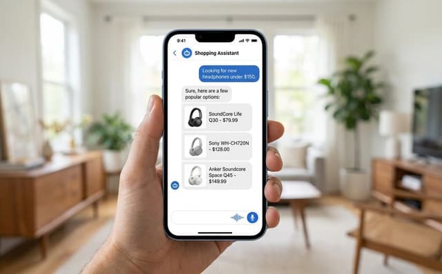 Smartfon z rozmową z asystentem zakupowym ShopScout - czat z rekomendacjami produktów i przyciskiem głosowym