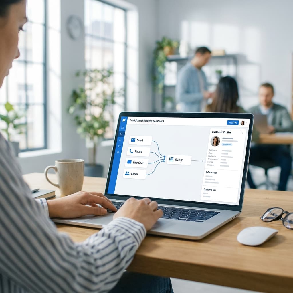 Ekran platformy omnichannel - zgłoszenia z wielu kanałów w jednej kolejce ticketów obok panelu klienta z CRM